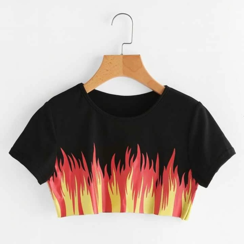 Women's Flames Raw Hem Crop Top Shirt